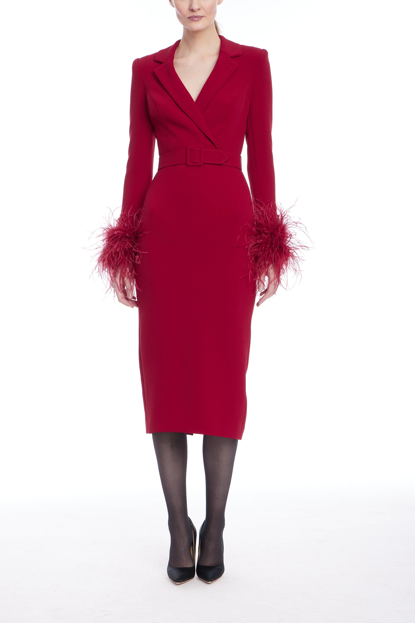 Feather Trim Belted Sheath Dress