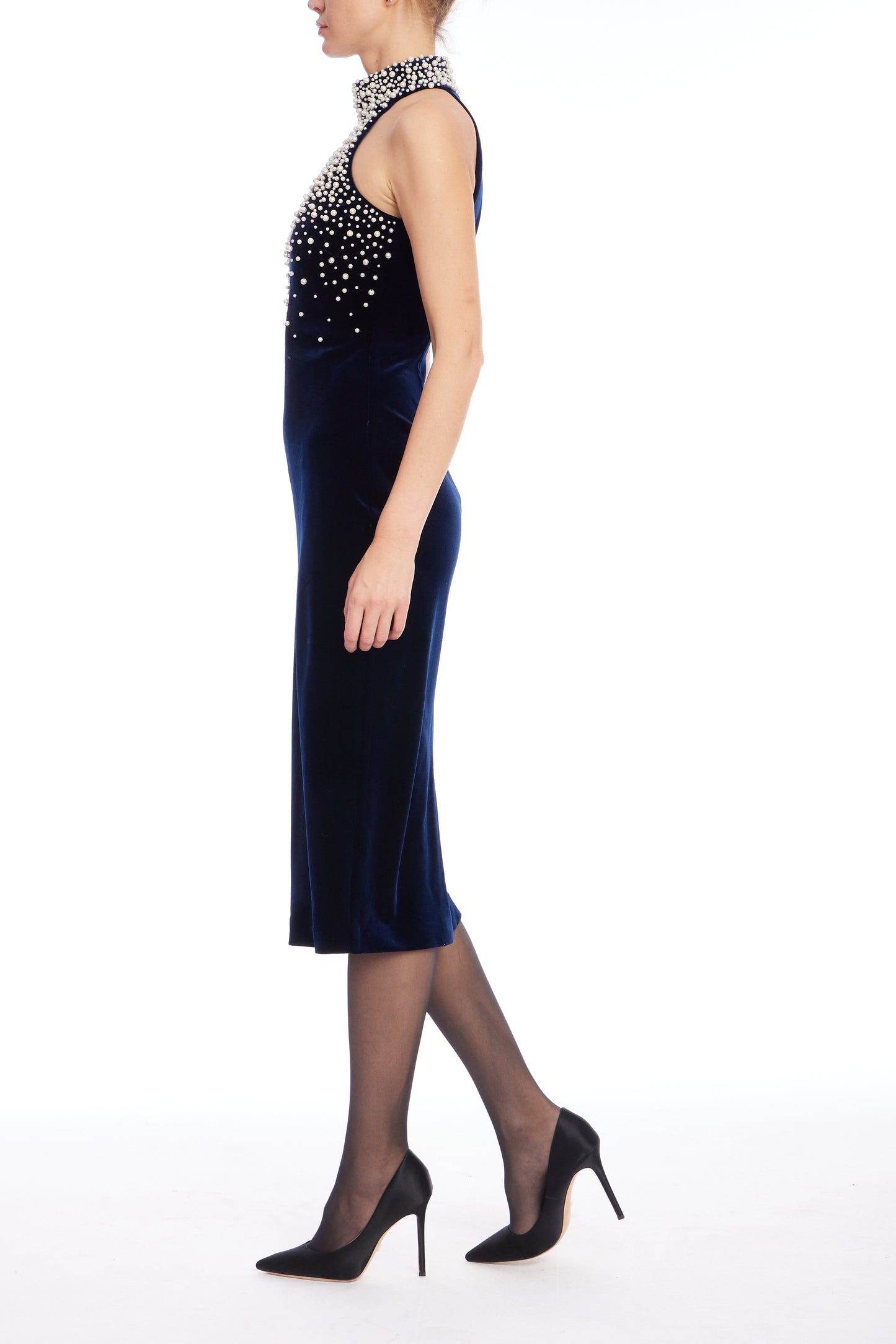 Beaded Velvet Halter Sheath Dress