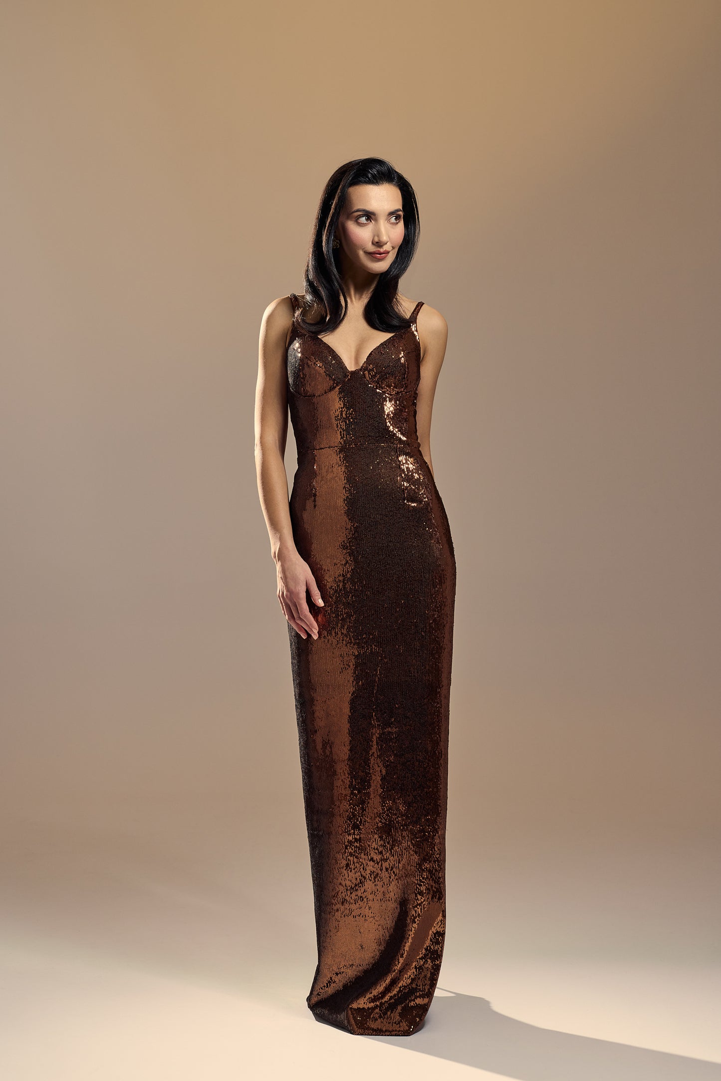 LONG SEQUINS DRESS WITH CUPS
