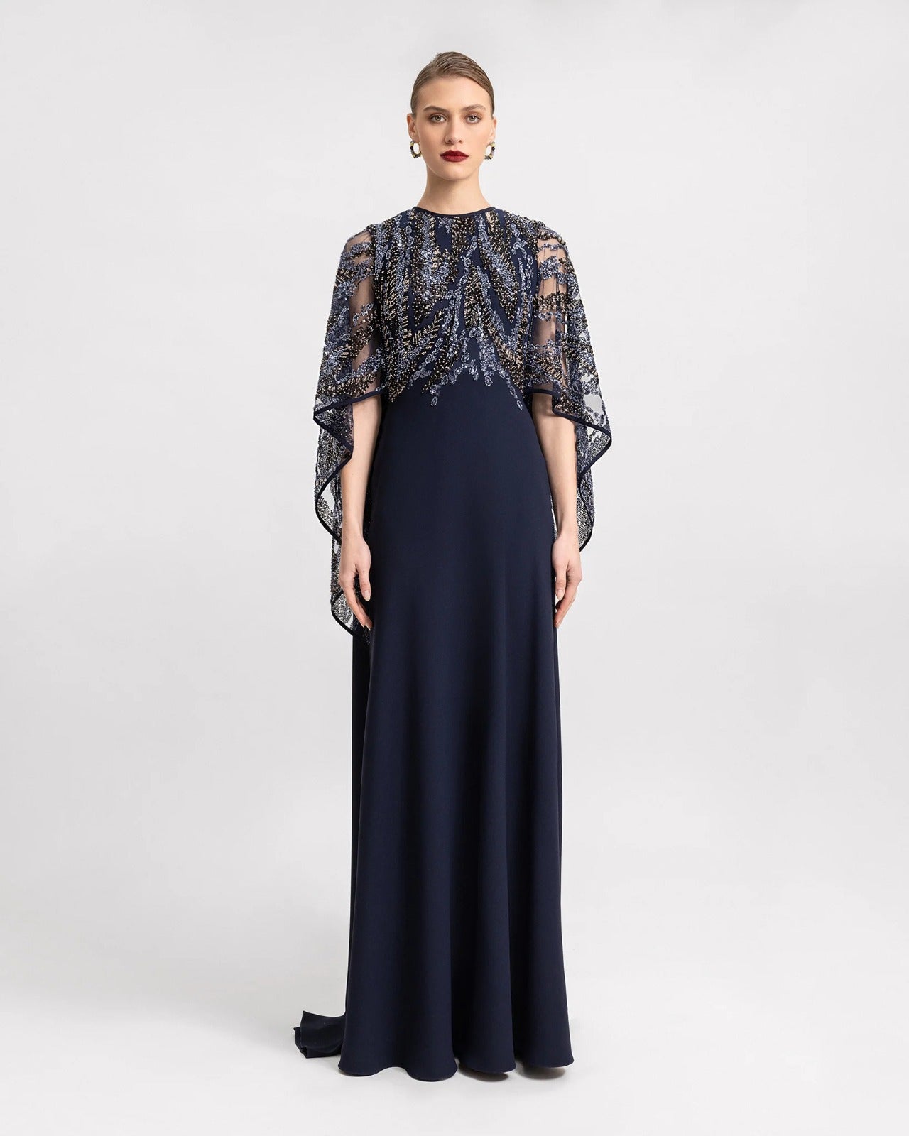 Beaded Sheer Cape Dress