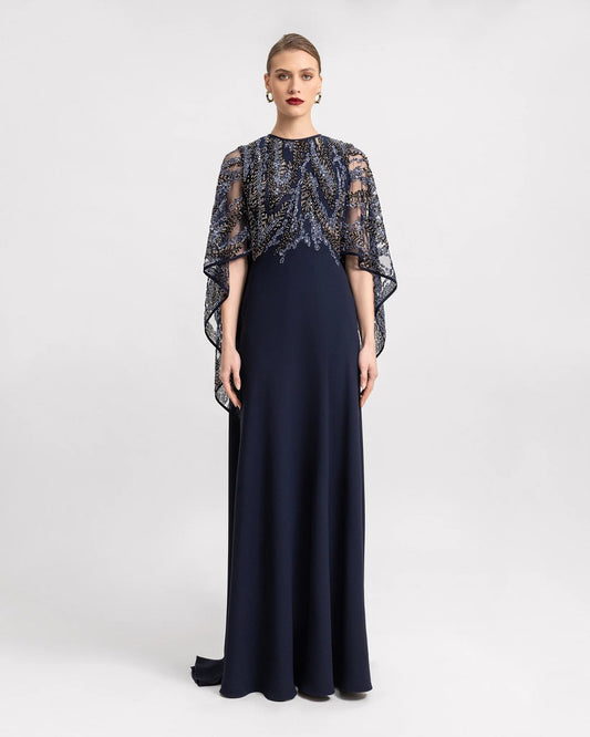 Beaded Sheer Cape Dress