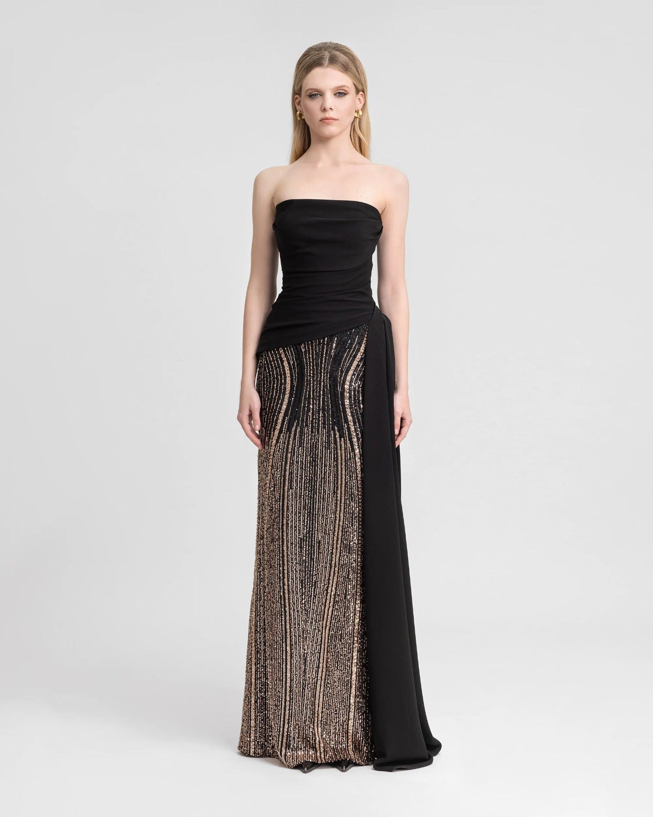 Strapless Draped Dress with Beaded Overskirt