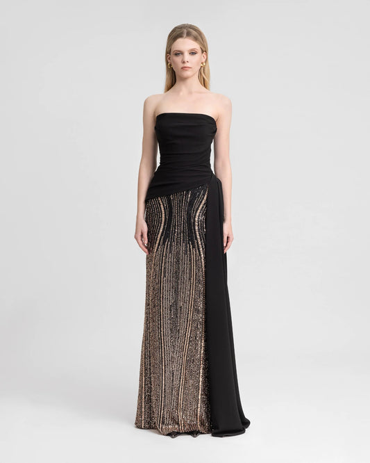 Strapless Draped Dress with Beaded Overskirt