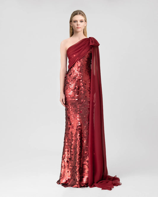 Sequin Dress with Cape Sleeve & Bow