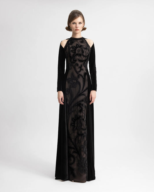 High-Neck Velvet Embroidered Dress