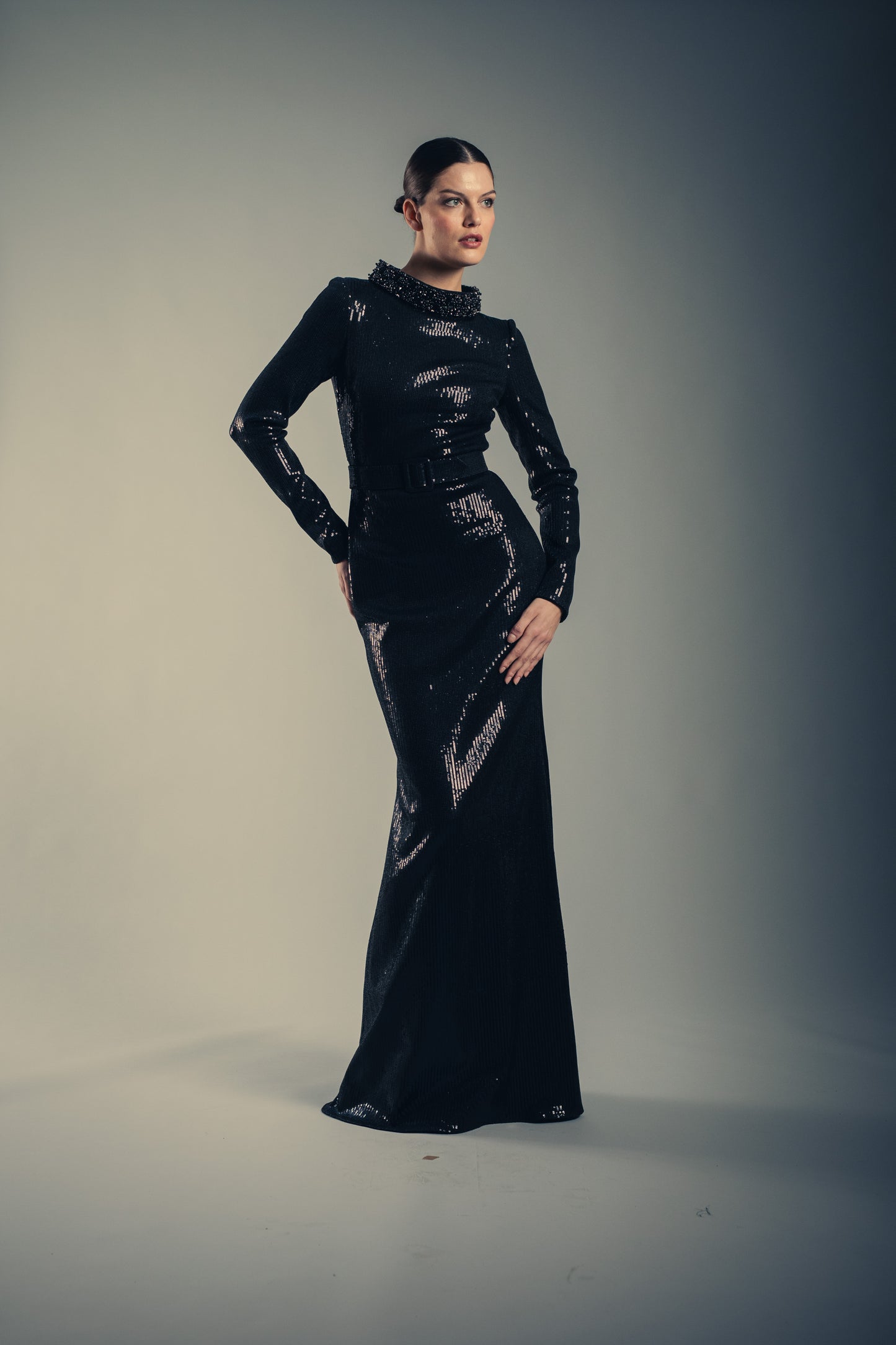 Black Sequin Mock Neck Mermaid Gown