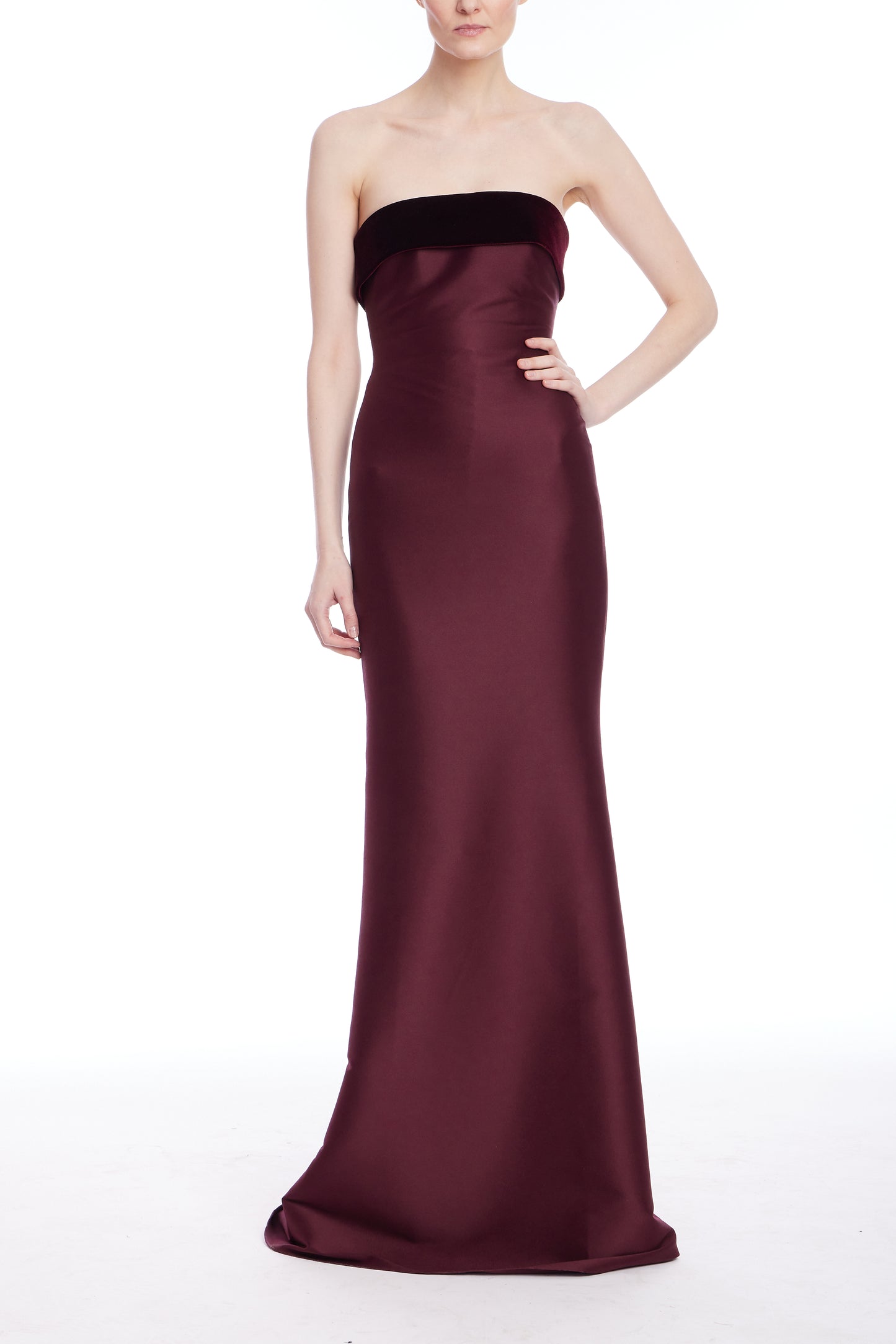 Strapless Column Gown with Velvet Trim