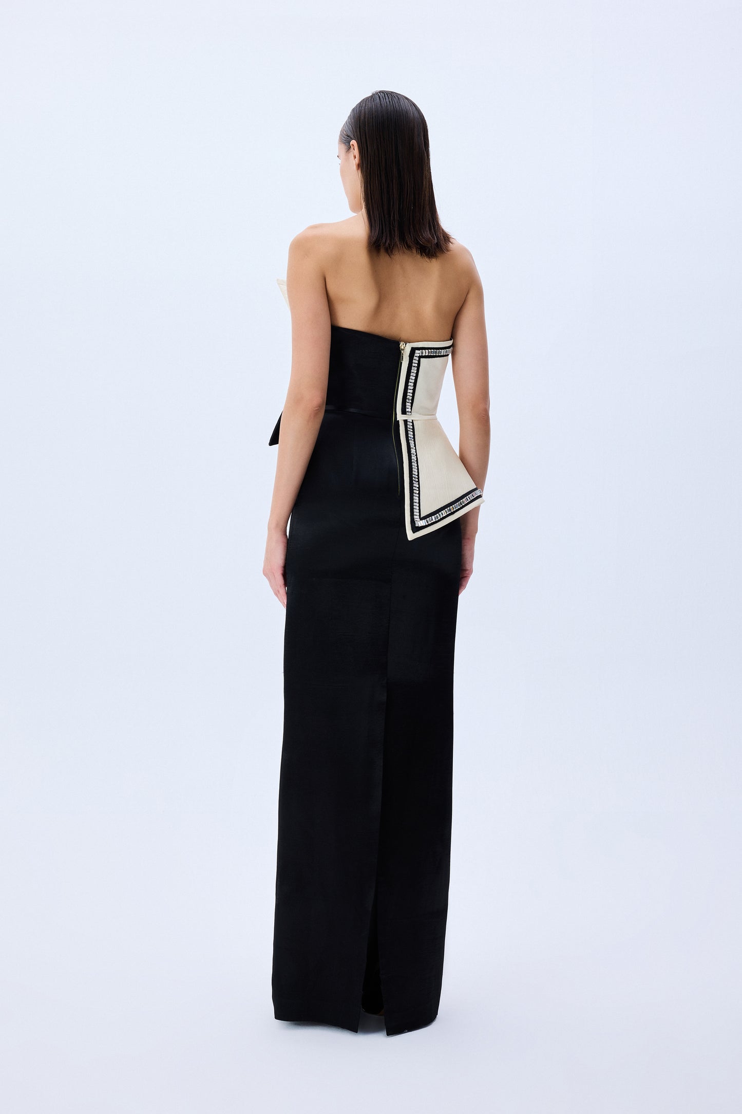 CREAM SHANTUNG CORSETED BLACK SATIN DRESS WITH BORDER